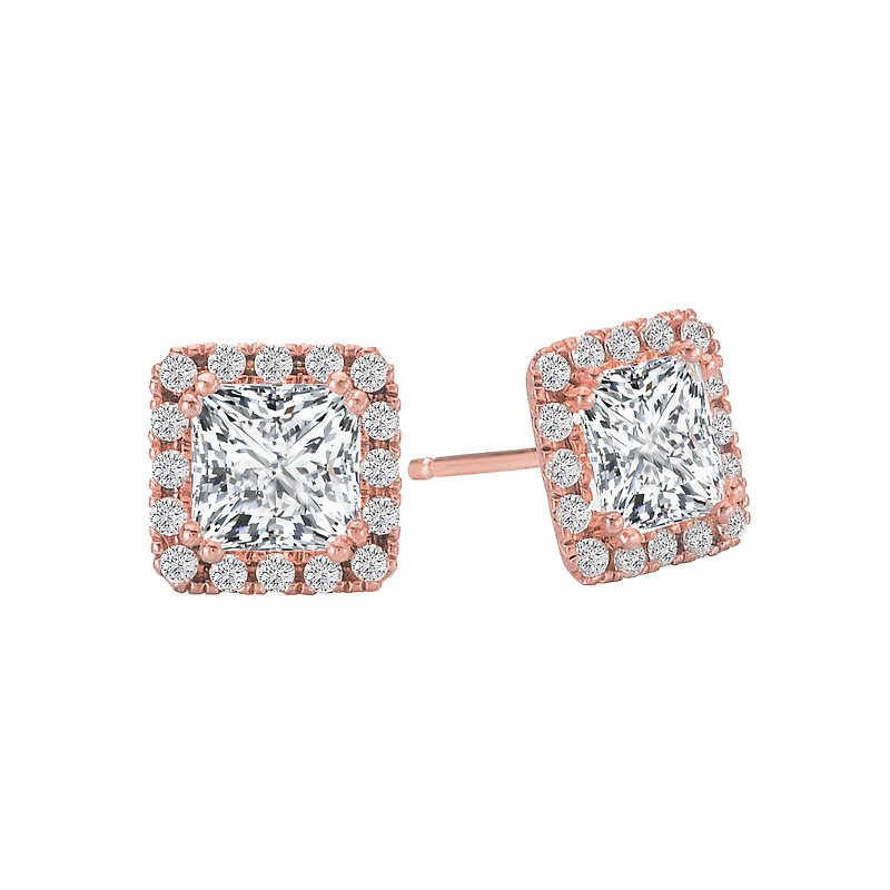 14K Rose Gold Princess Cut Diamond Halo Studs