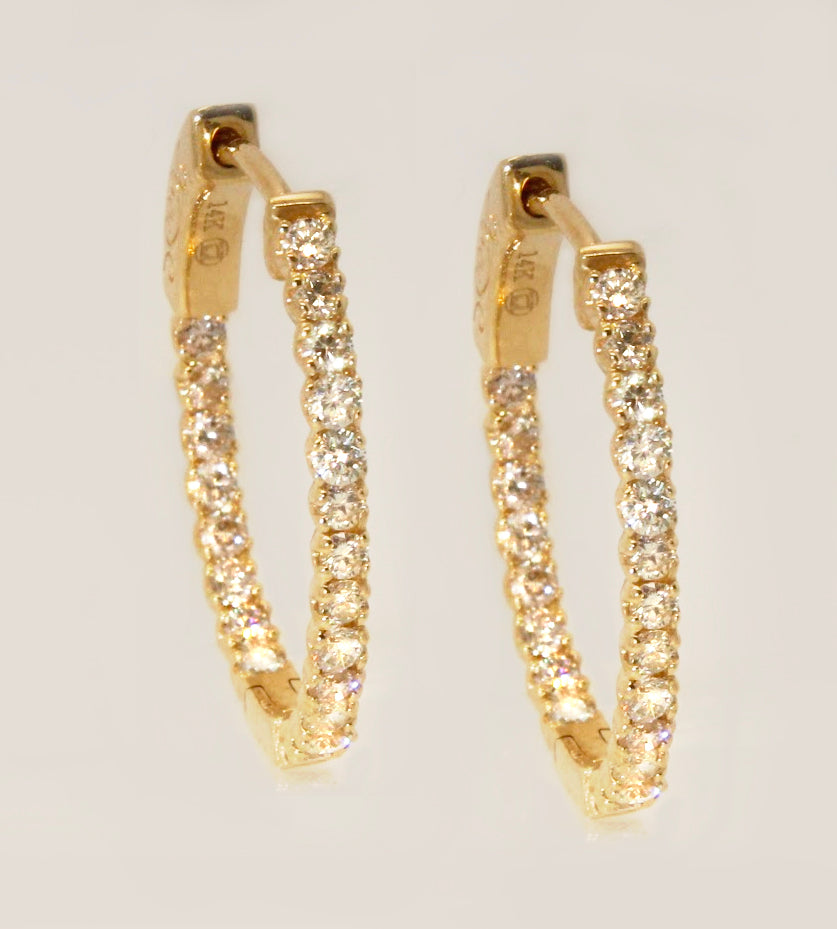 14K Yellow Gold 1ctw Inside/Out Oval Diamond Hoops