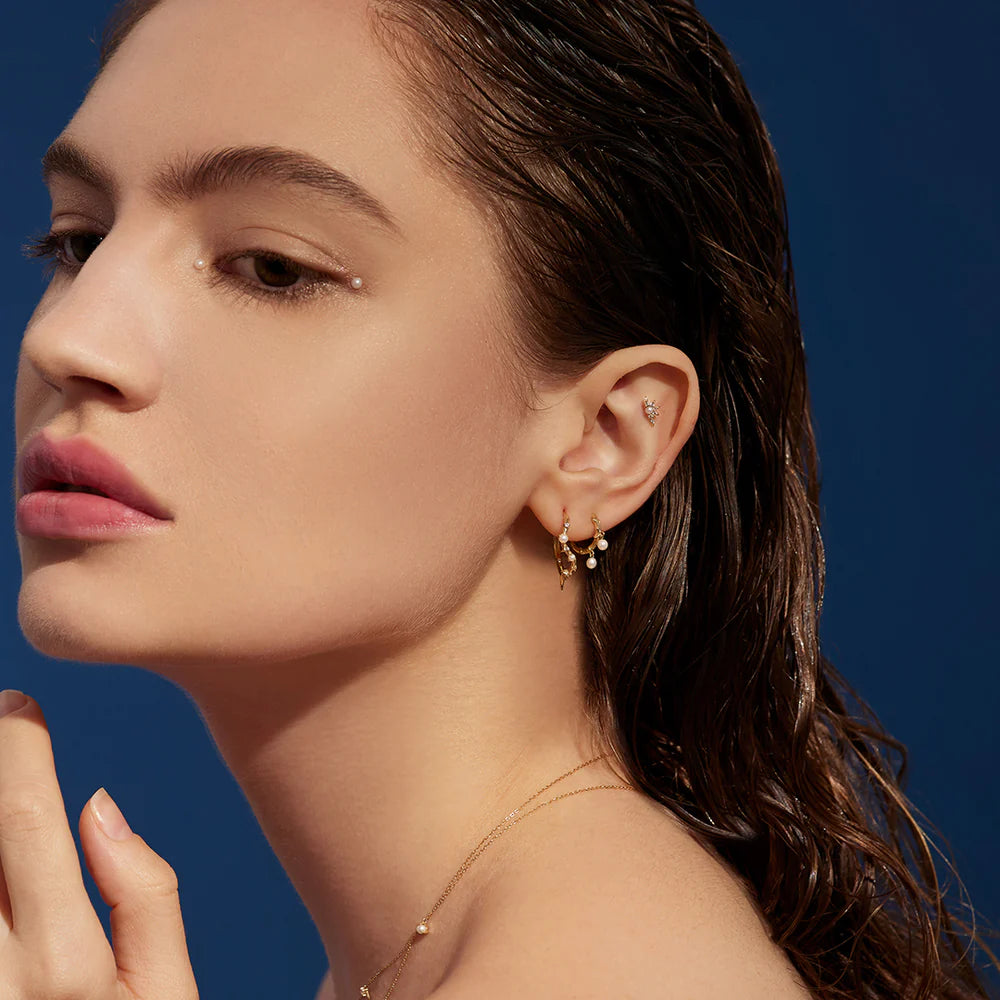 NIXIE | 14K Yellow Gold Pearl and White Sapphire Stud Earrings