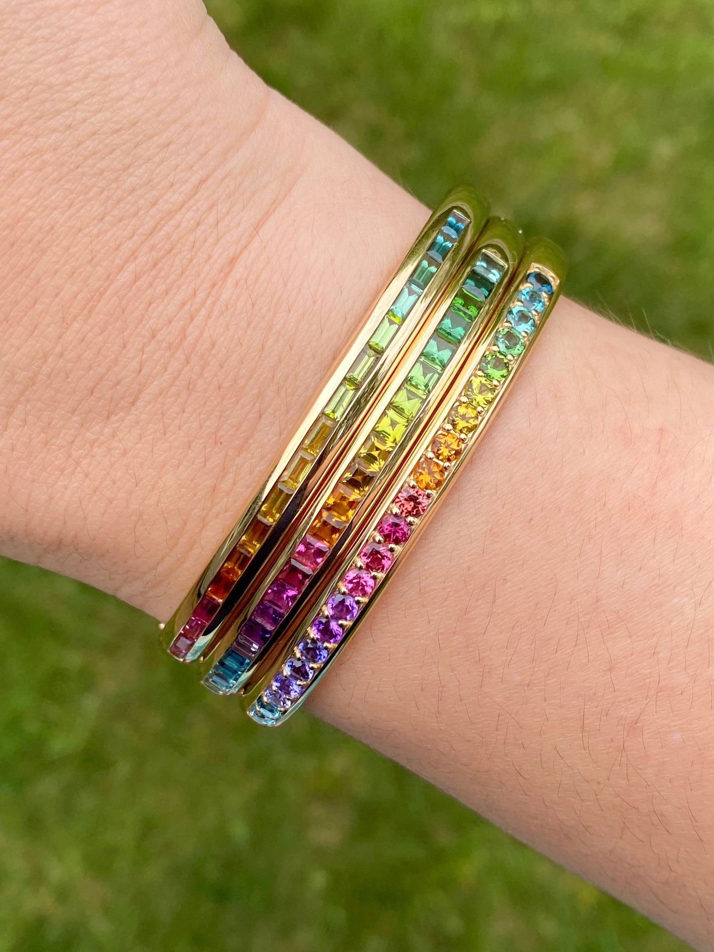 14k Yellow Gold Baguette Rainbow Bangle Bracelet