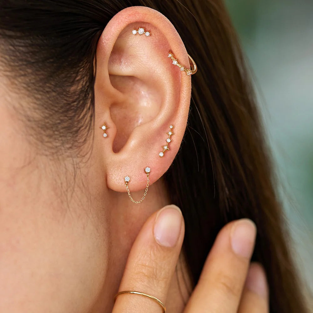 CAELI | 14K Yellow Gold Triple Diamond Piercing Earring Front