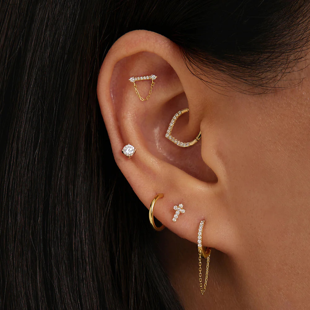 CHELSEA | 14K Yellow Gold Draped Chain & Diamond Bar Piercing Earring Front