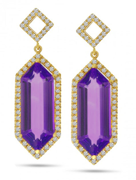 14K Yellow Gold Hexagon Amethyst & Diamond Earrings
