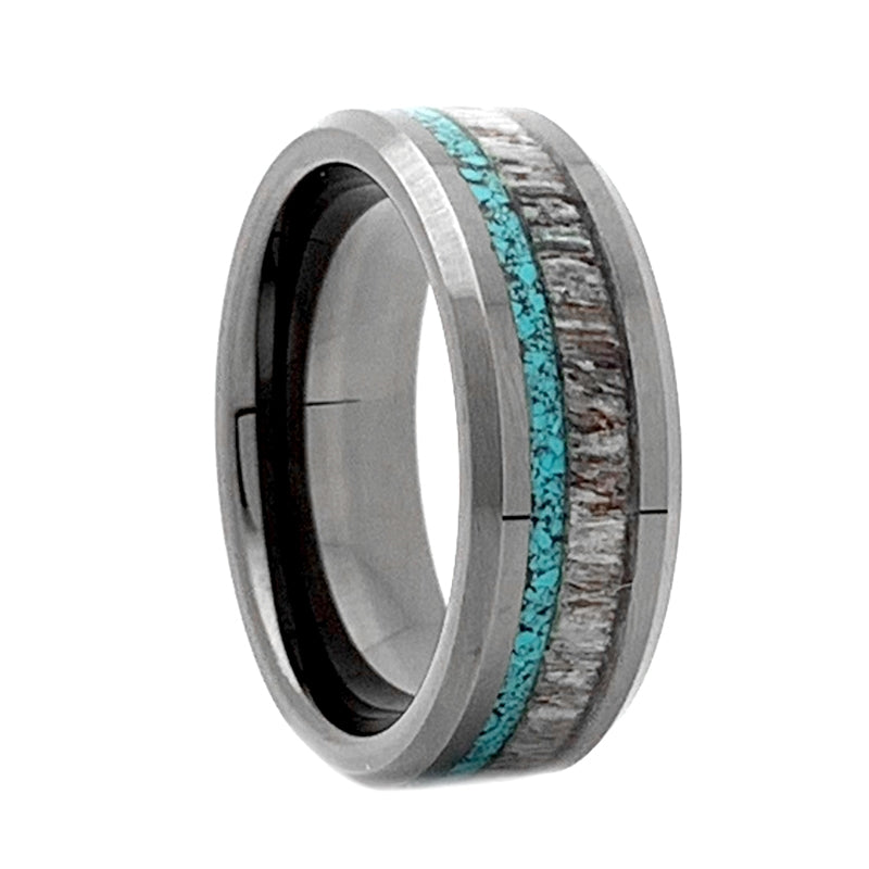 High Tech Ceramic - Antler & Turquoise Inlay Men's Wedding Band