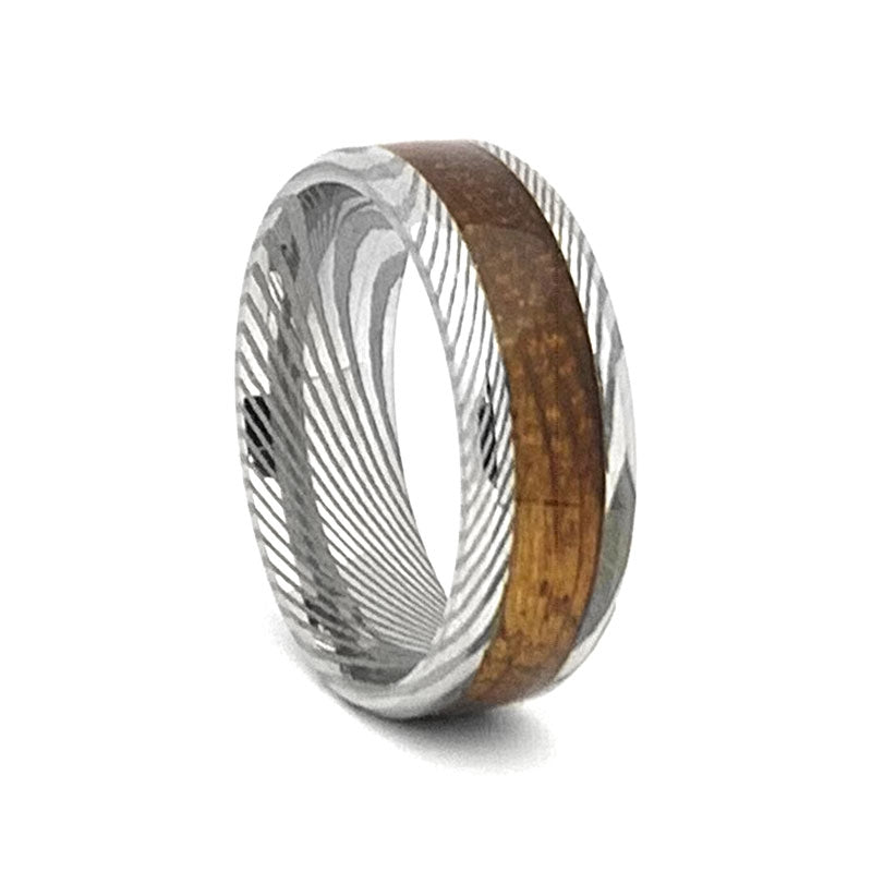 Damascus Steel - Whiskey Barrel Inlay Men's Wedding Band