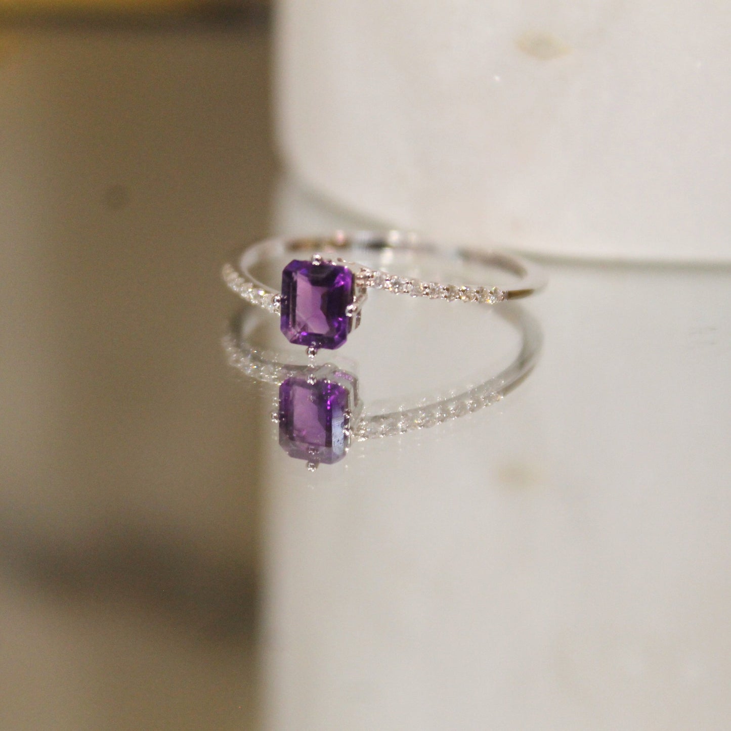 14K White Gold Amethyst & Diamond Ring