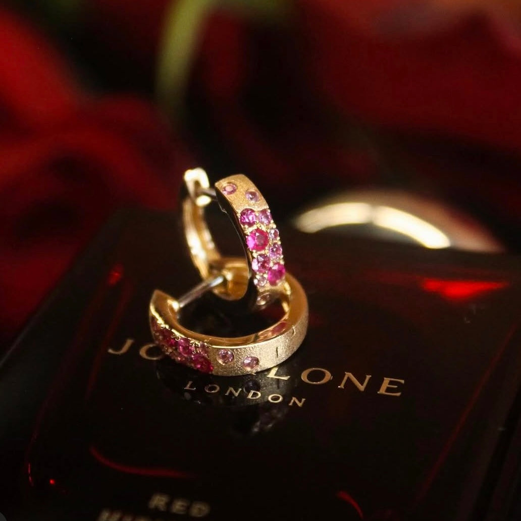 14K Yellow Gold Pink Sapphire & Ruby Confetti Huggie Hoop Earrings