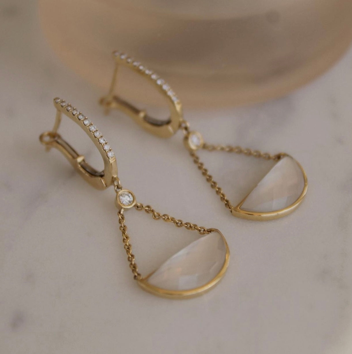 18K Yellow Gold Mother of Pearl Diamond Drop Earrings