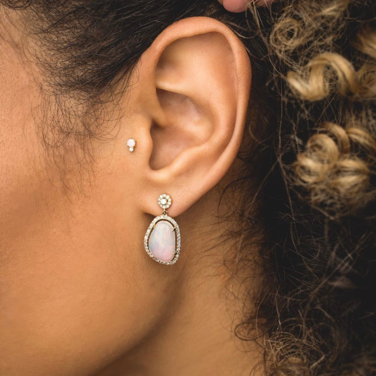 14K Yellow Gold Opal & Diamond Earrings