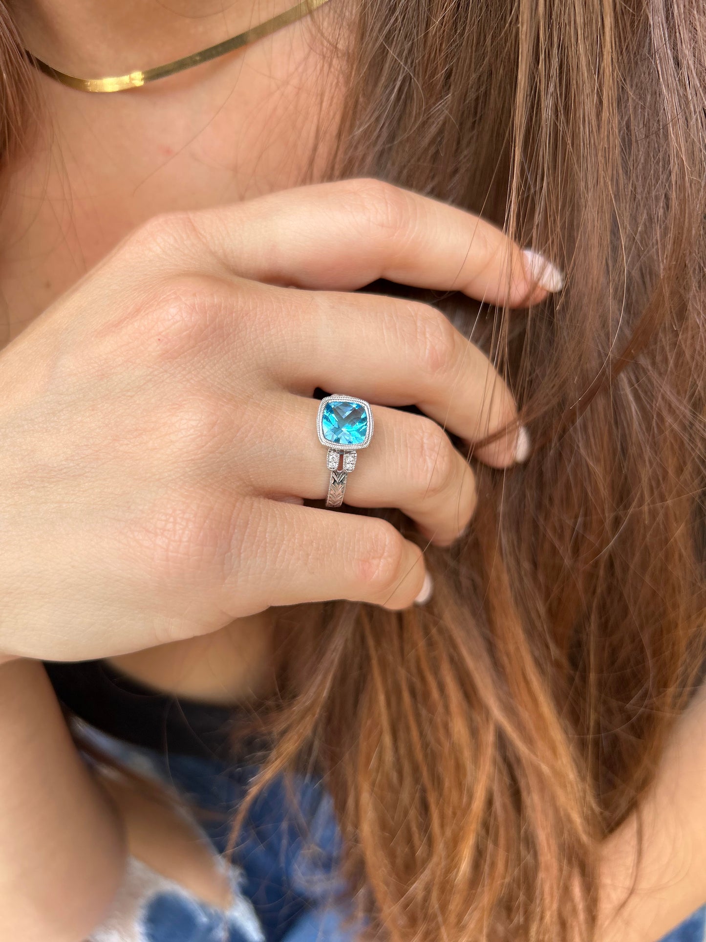 14K White Gold Blue Topaz Filigree Ring