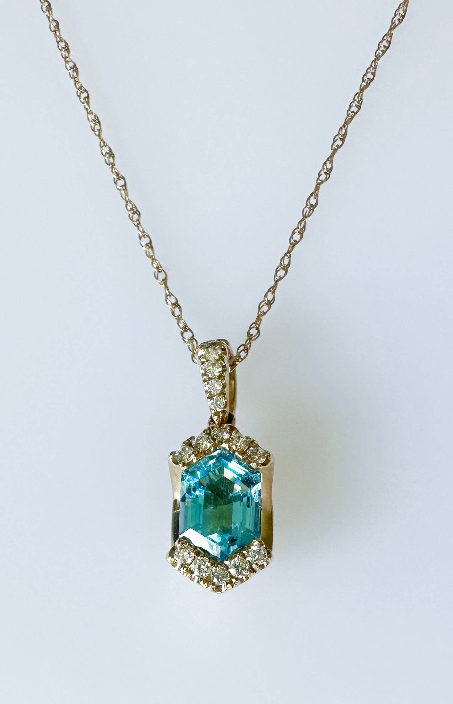 14K Yellow Gold Blue Topaz & Diamond Hexagon Necklace
