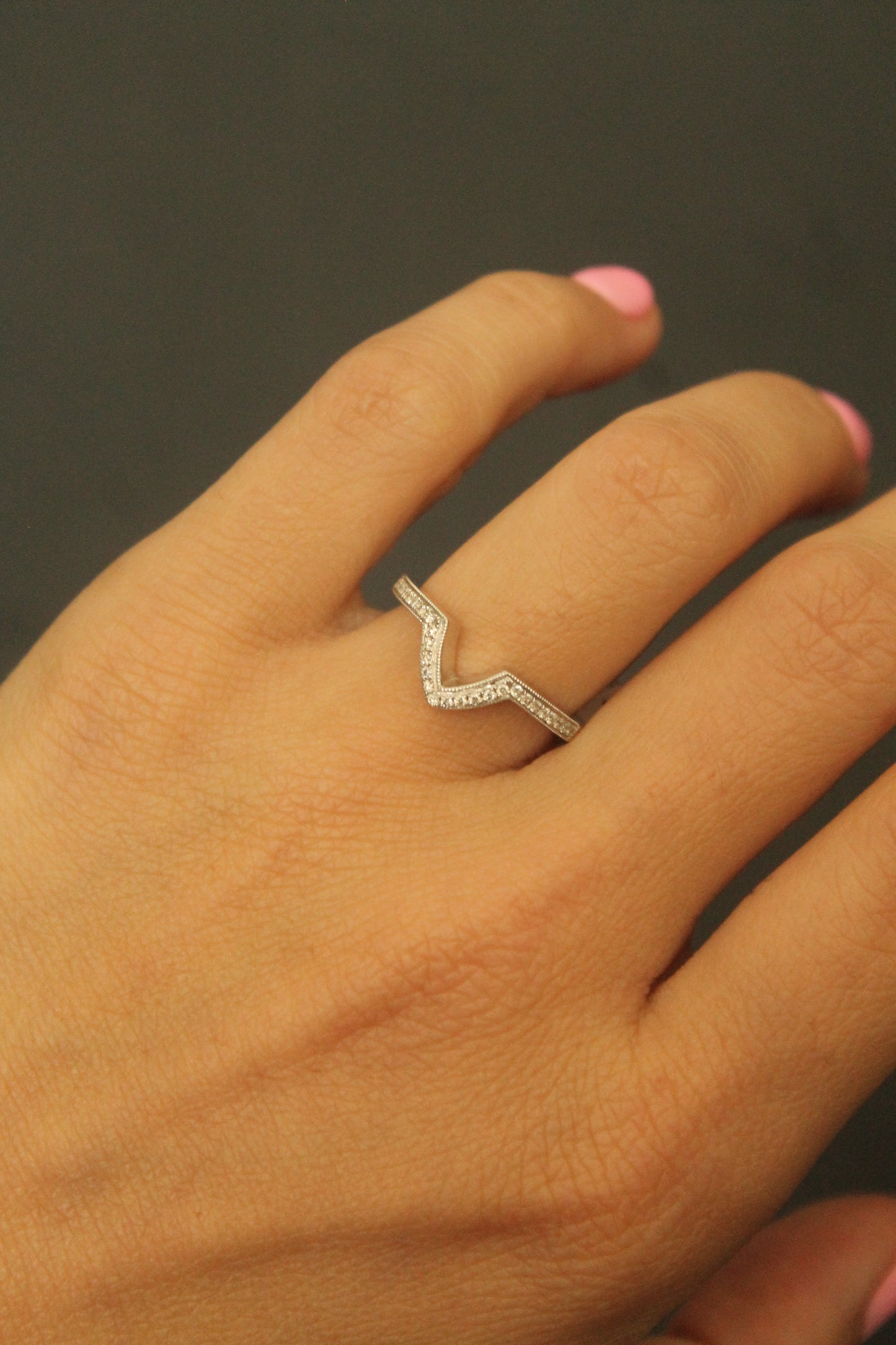 14K White Gold V Diamond Wedding Band