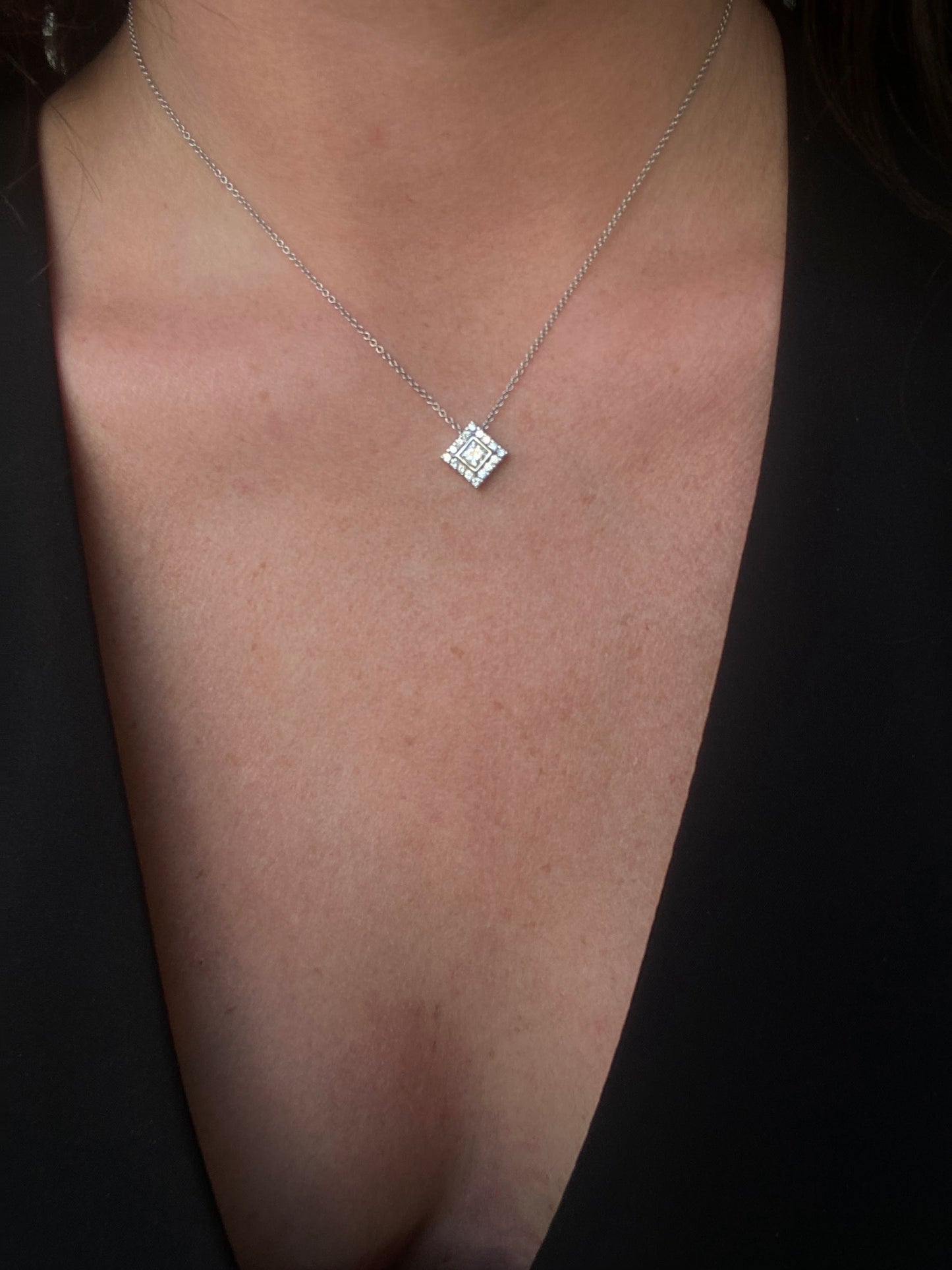 14K White Gold Princess Cut Diamond Halo Necklace