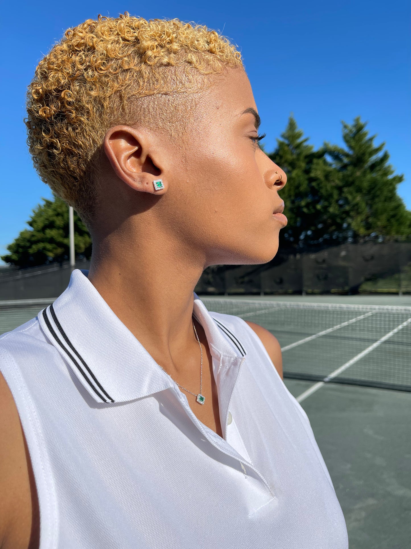 14K White Gold Emerald & Diamond Studs