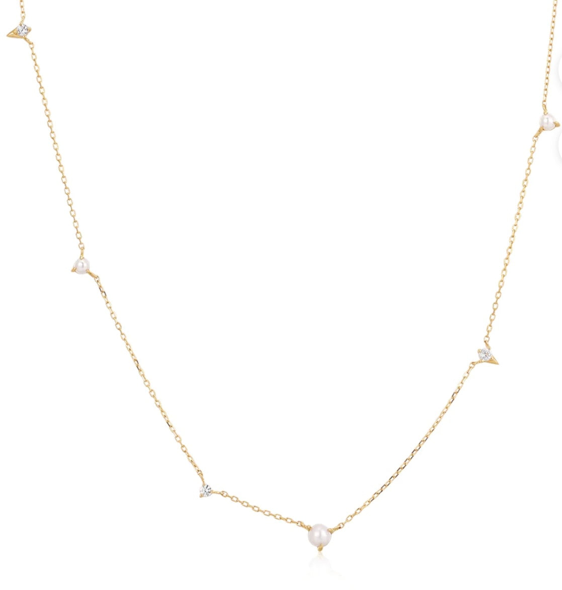SABRINA | 14K Yellow Gold Pearl and White Sapphire Asymmetrical Station Necklace