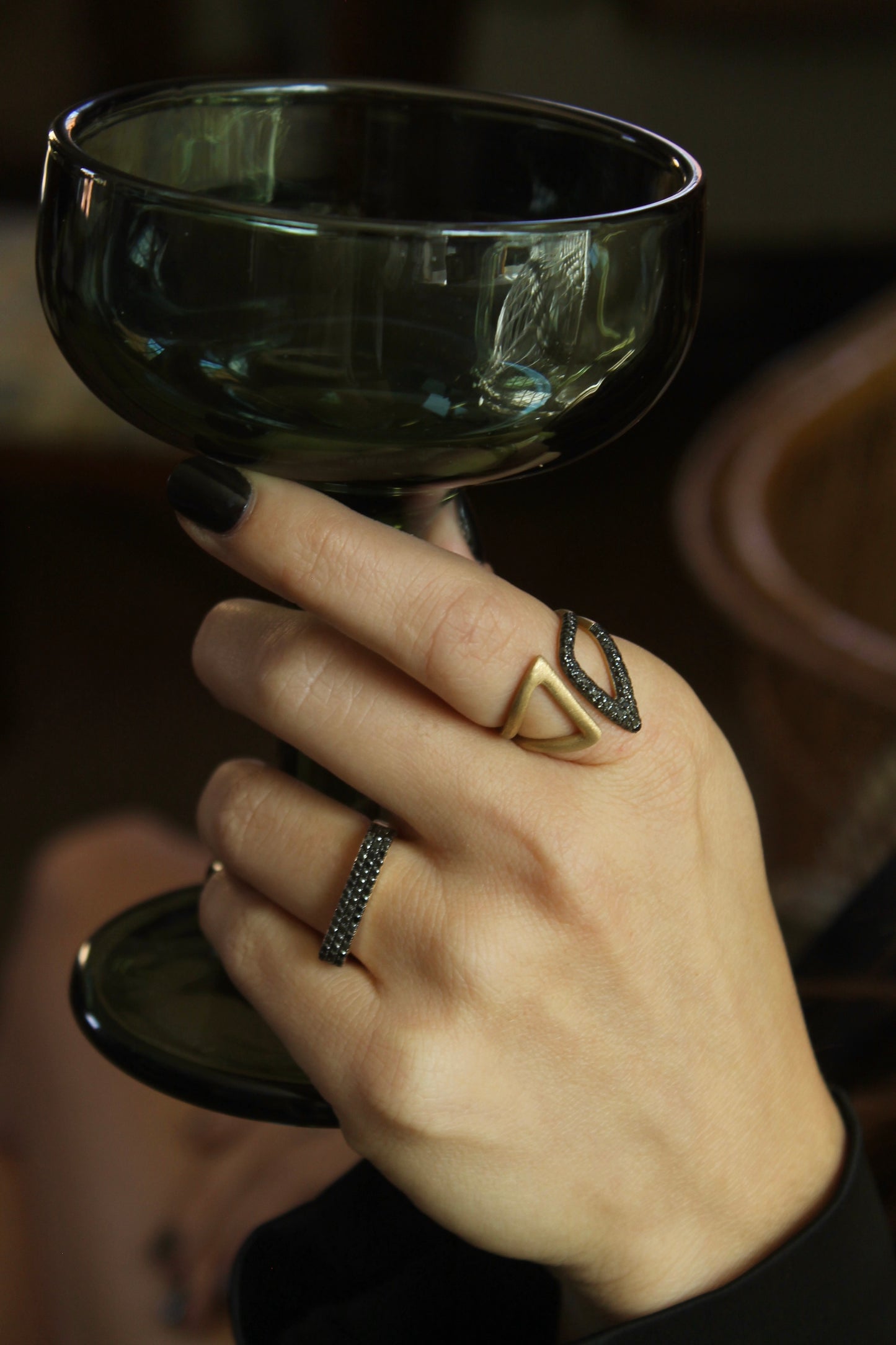 14K Yellow Gold Black Diamond Spaced Ring