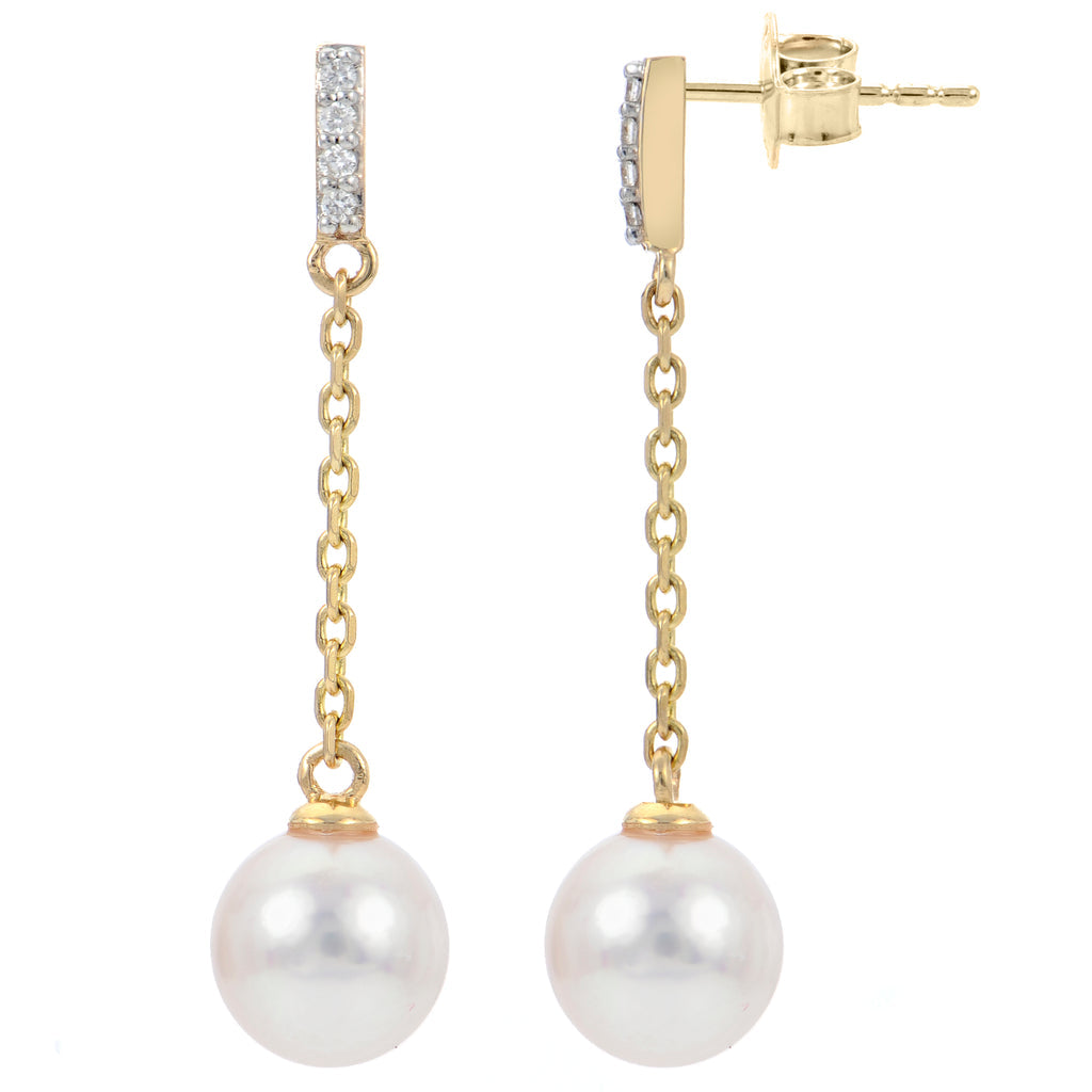 14K Yellow Gold Diamond Pearl Drop Earrings