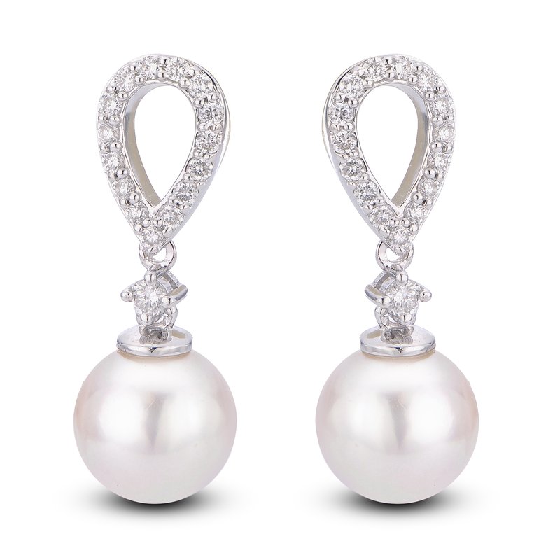 14K White Gold Akoya Pearl Diamond Drop Earrings