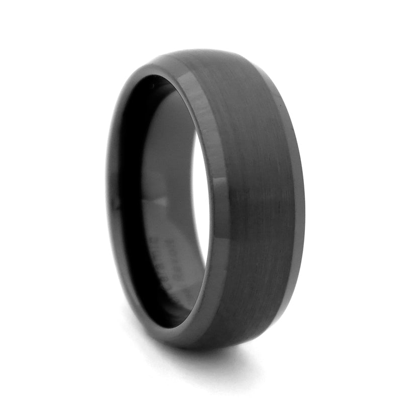 Black High-Tech Ceramic Satin Inlay w/ Polished Edges Men's Wedding Band