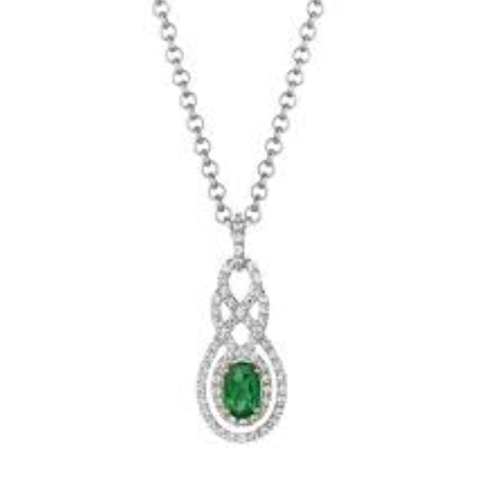 14K White Gold Emerald & Diamond Necklace