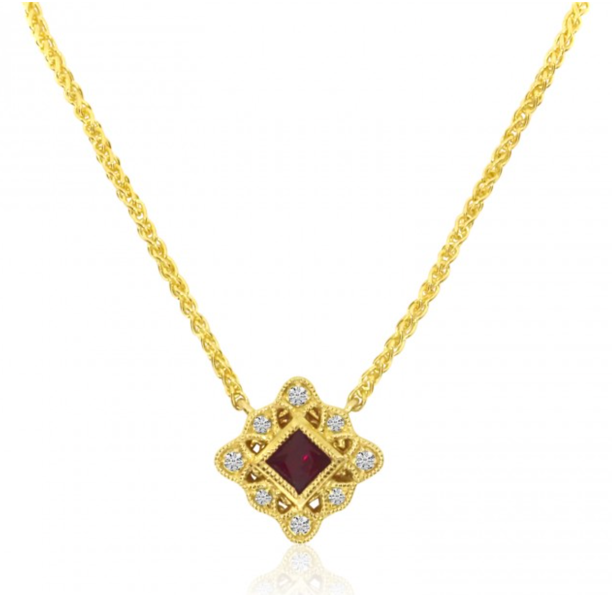 14K Yellow Gold Princess Ruby & Diamond Filigree Necklace