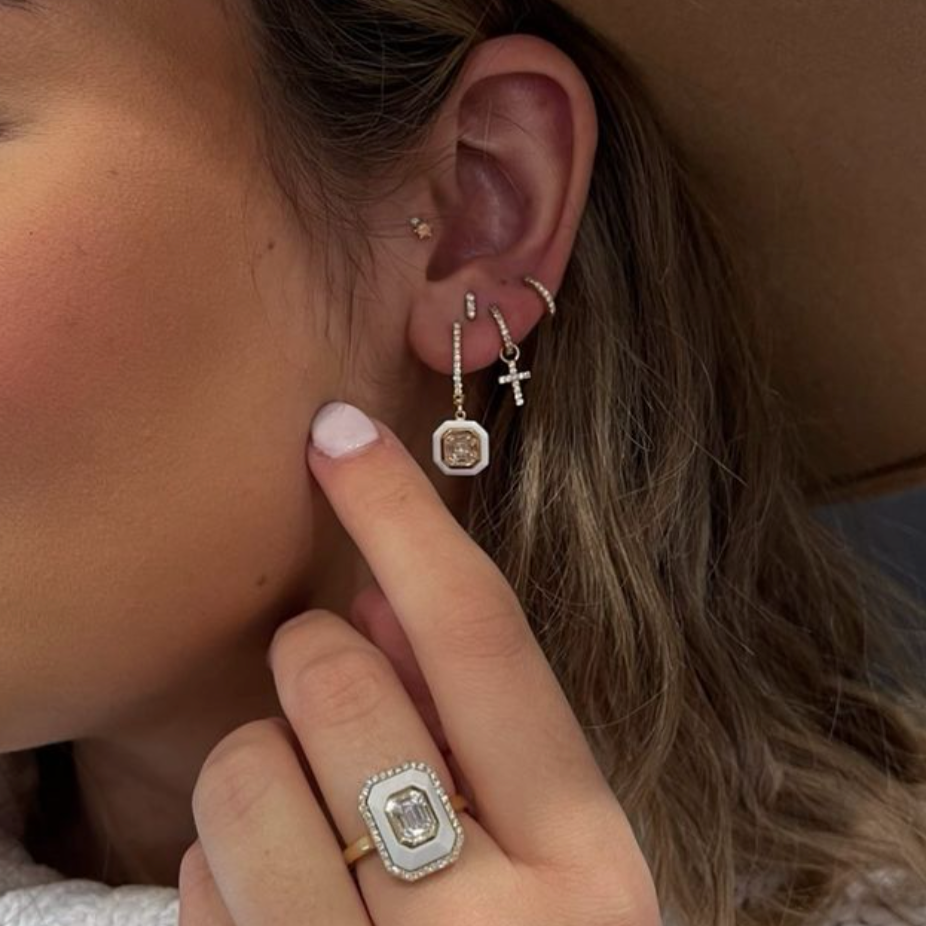 18K Yellow Gold White Agate & Diamond Earrings