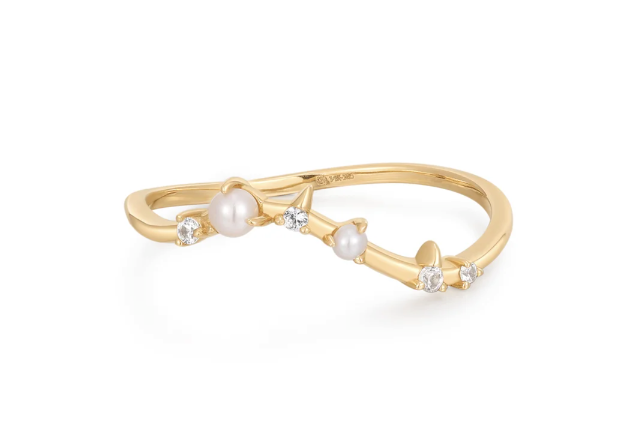 ADELLA | 14K Yellow Gold Pearl and White Sapphire Curved Ring