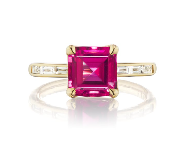 14K Yellow Gold 2.4ct Rubellite Pink Tourmaline & Baguette Diamond Ring
