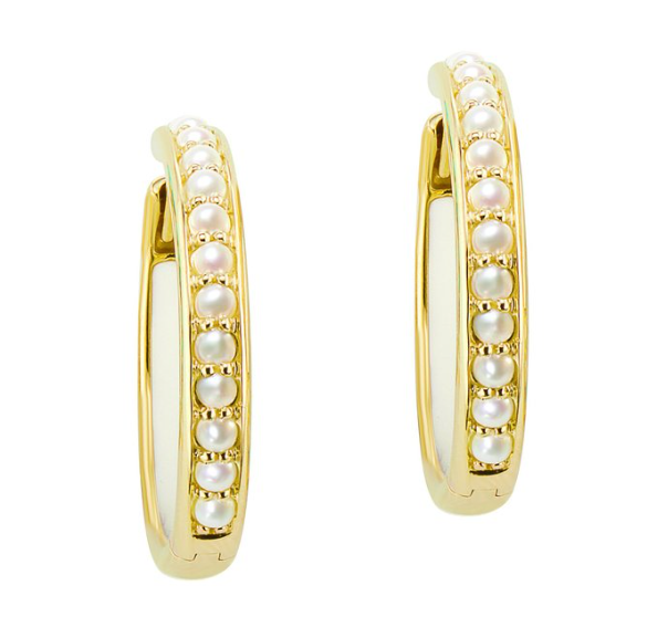 14K Yellow Gold Pearl & Enamel Hoops