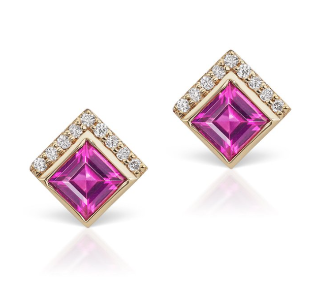 14K Yellow Gold Rhodolite Garnet & Diamond Square Studs