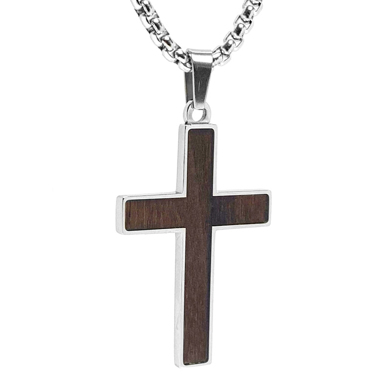 Stainless Steel Walnut Wood Inlay Cross Necklace