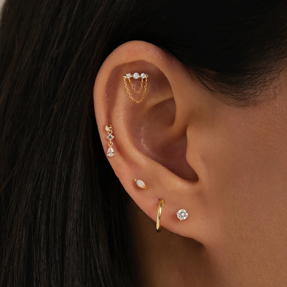 TRIBECA | 14K Yellow Gold Draped Double Chain and White Sapphire Piercing Earring Front