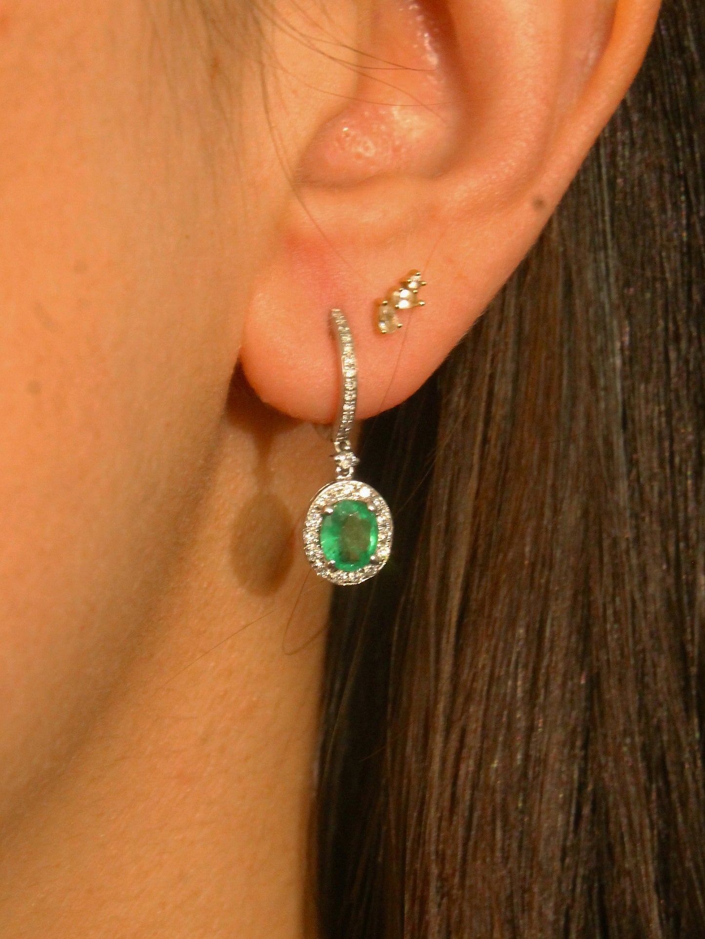 14K White Gold Emerald & Diamond Earrings