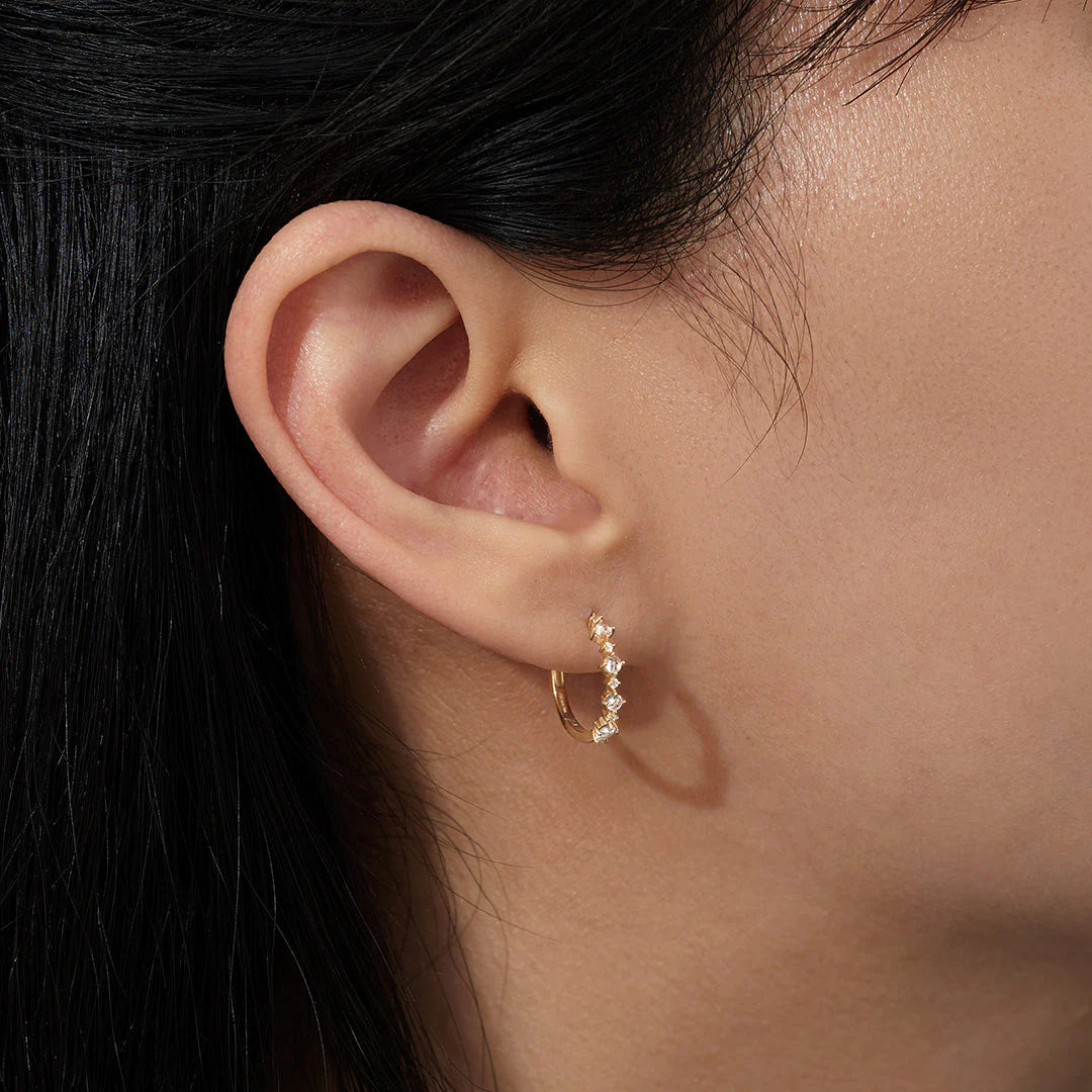 Audrey | 14K Yellow Gold Rose Cut White Sapphire Single Huggie Hoop
