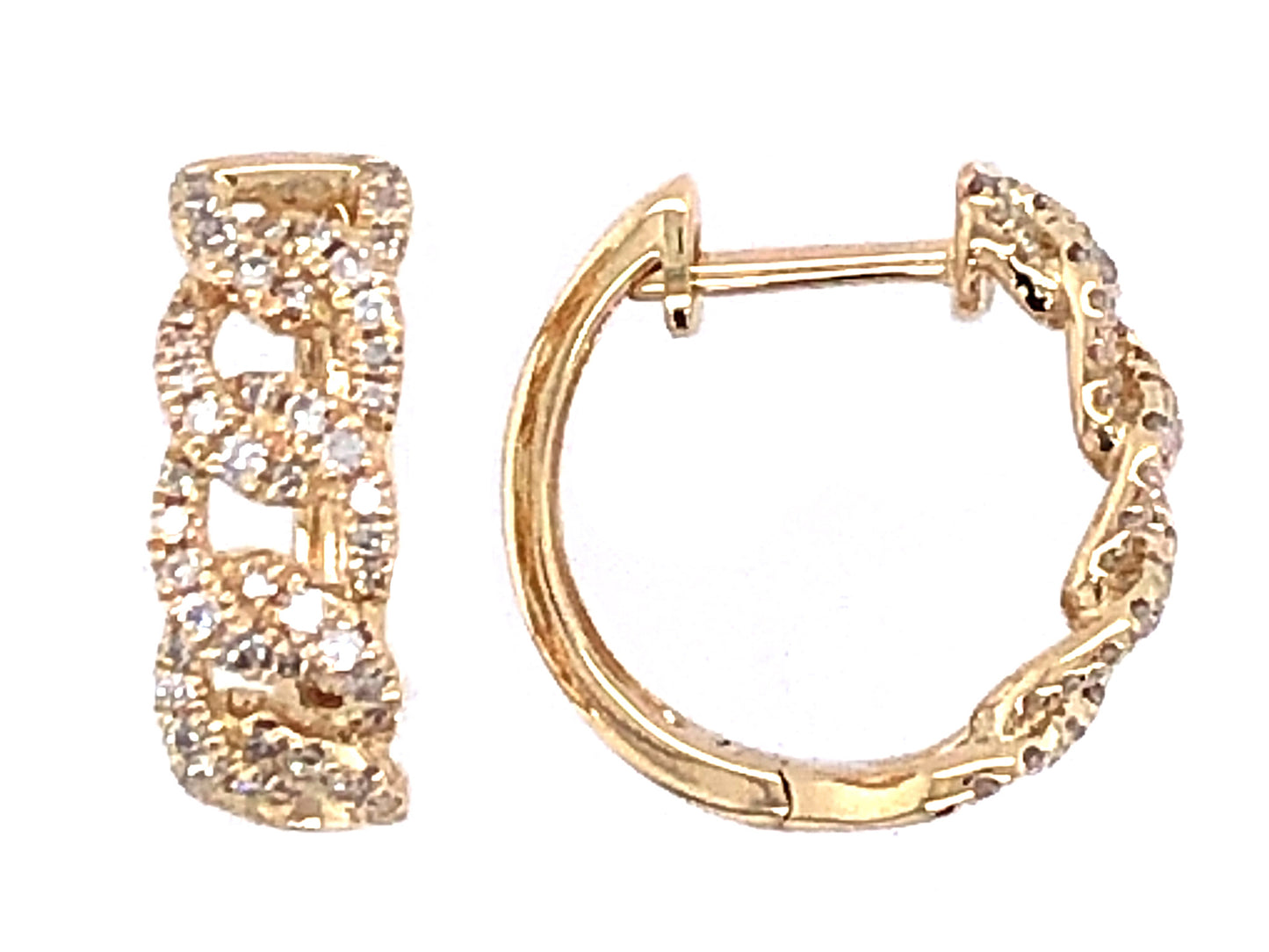 14K Yellow Gold Diamond Pave Link Huggie Hoop Earrings