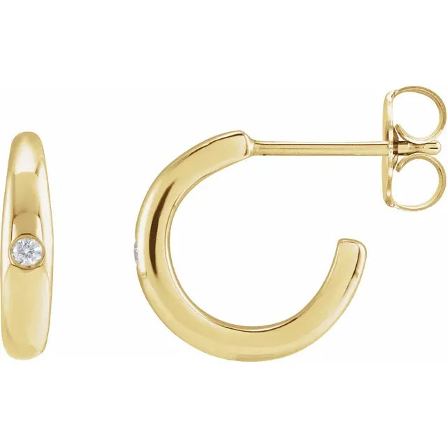 14K Yellow Gold Flush Set Diamond Huggie Hoops