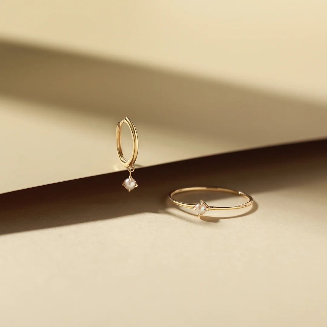 HELENA | 14K Yellow Gold White Pearl Dangle Huggie Hoop