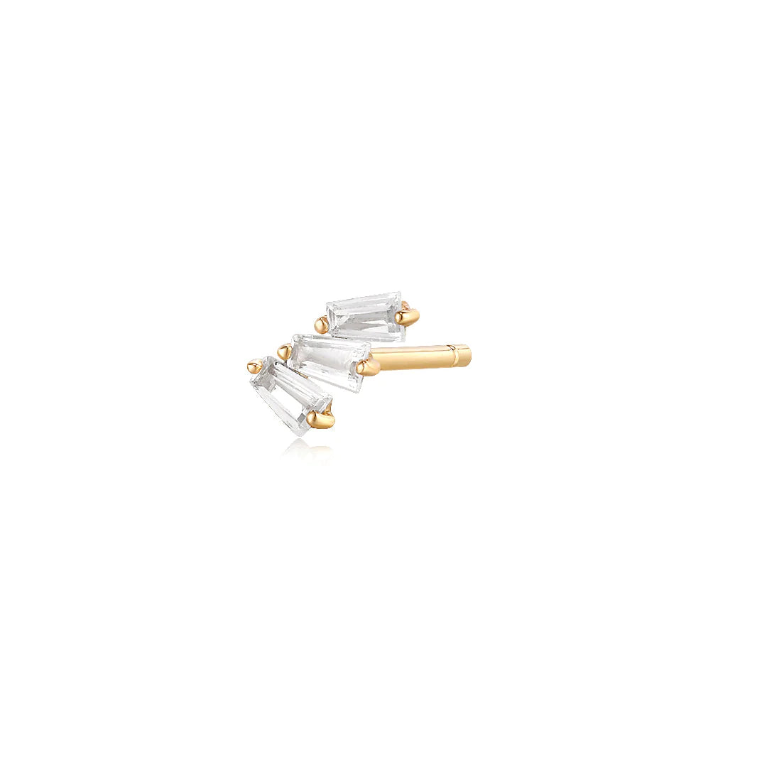MONA | 14K Yellow Gold Baguette Trio White Sapphire Stud