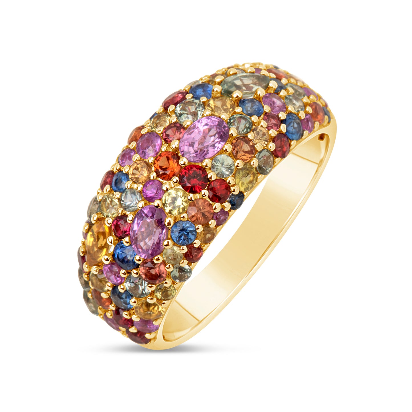 14K Yellow Gold Rainbow Sapphire Pave Dome Ring