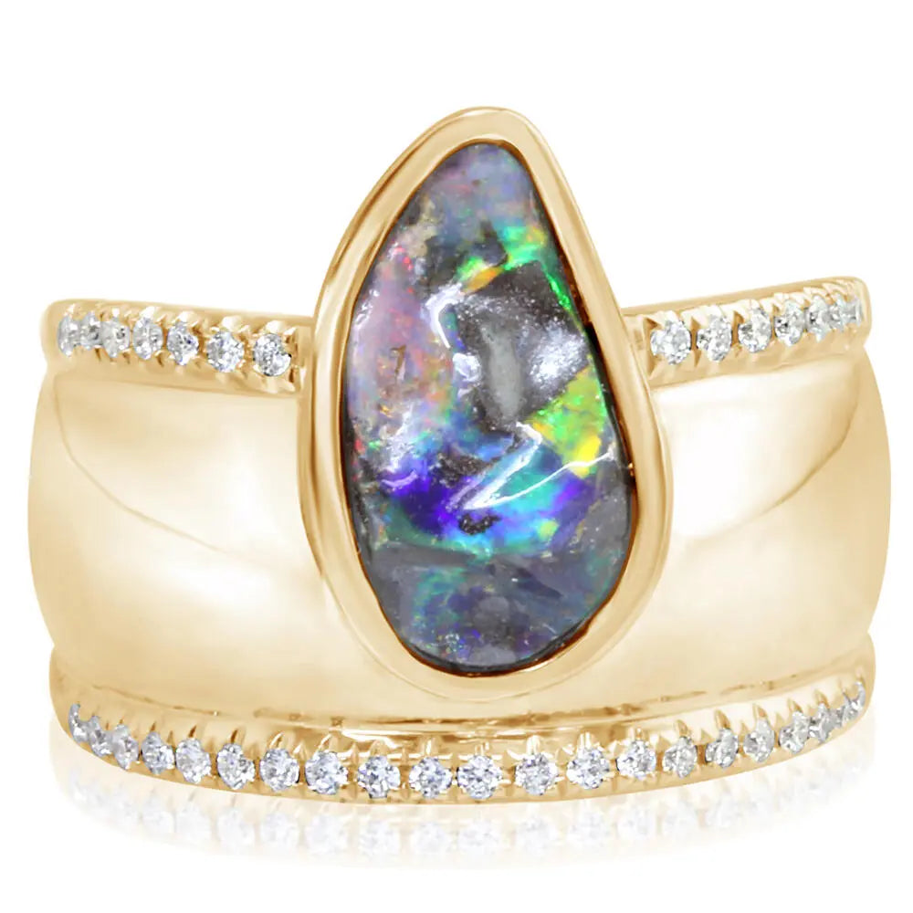 14K Yellow Gold Freeform Australian Boulder Opal & Diamond Ring