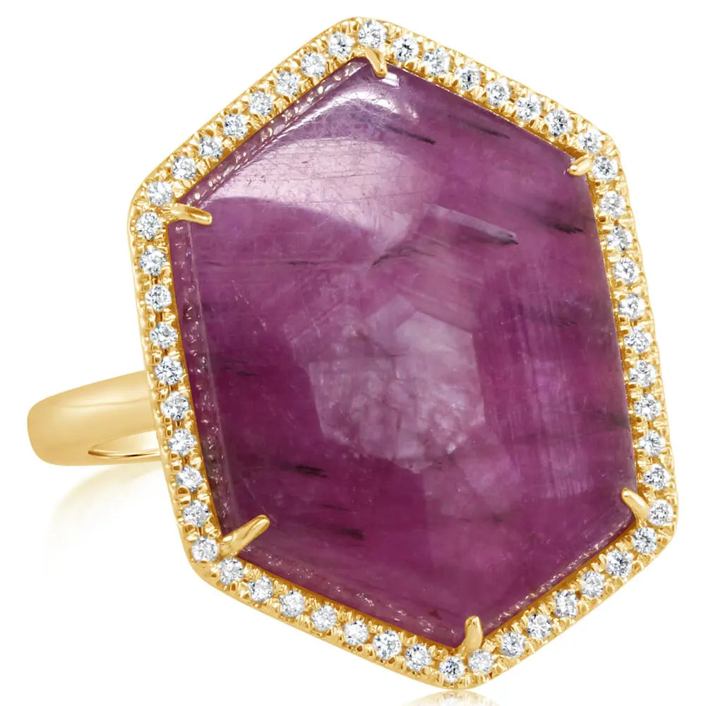 14K Yellow Gold Hexagon Ruby Slice & Diamond Ring