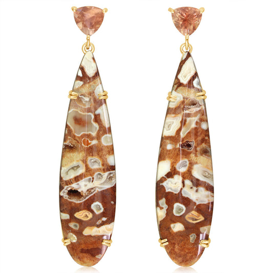 14K Yellow Gold Druzy Quartz/Petrified Wood & Oregon Sunstone Earrings