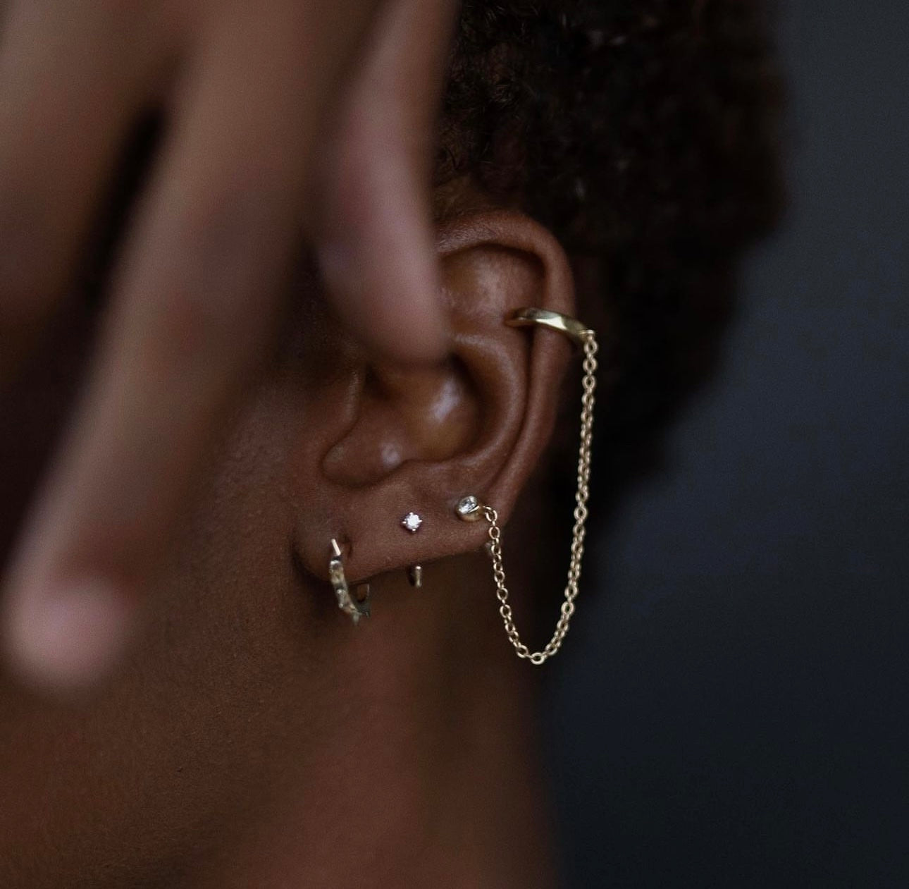 14K Yellow Gold Diamond Ear Cuff with Chain