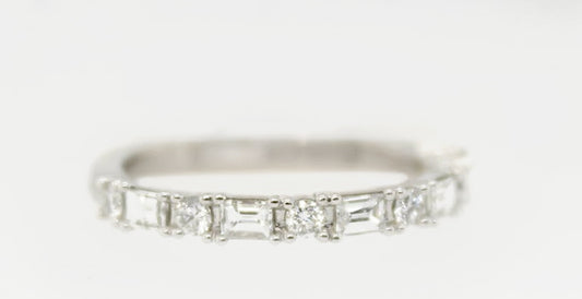 14k White Gold East/West Round & Baguette Diamond Band