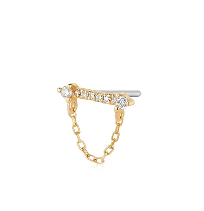 CHELSEA | 14K Yellow Gold Draped Chain & Diamond Bar Piercing Earring Front
