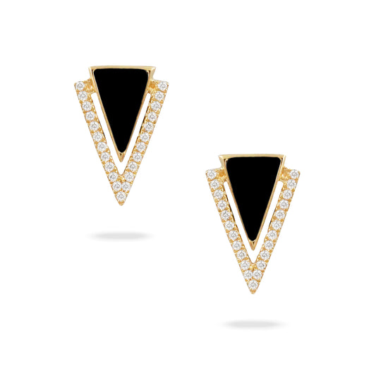 14K Yellow Gold Black Onyx & Diamond Triangle Studs