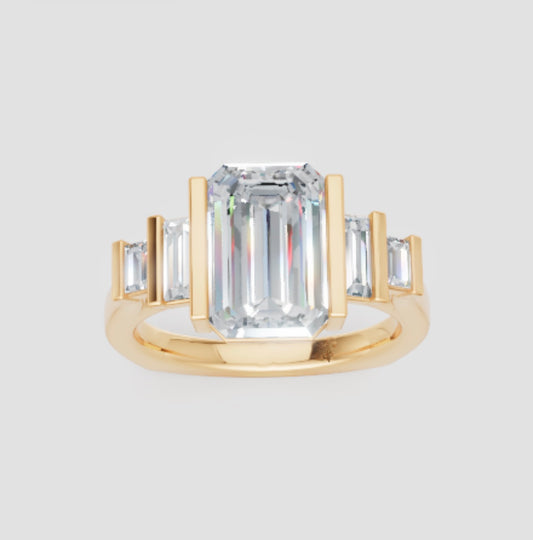 14K Yellow Gold Custom Lab Grown Emerald Cut Engagement Ring - 3.05ct Center