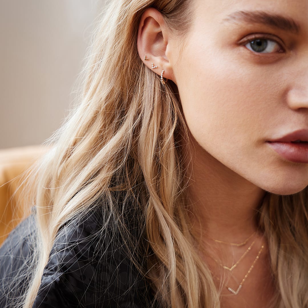 HOPE | 14K Yellow Gold Diamond V Piercing Earring Front
