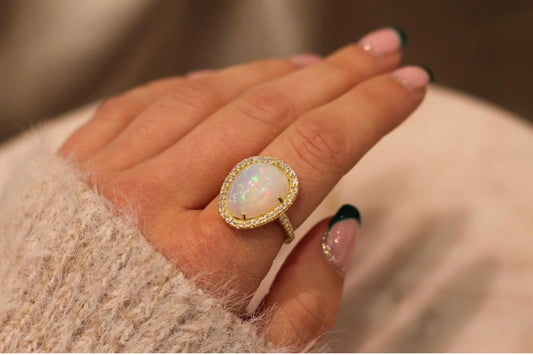 14k Yellow Gold Ethiopian Asymmetrical Opal and Diamond Ring