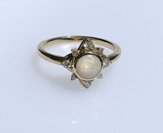 14K Yellow Gold Opal Diamond Halo Ring